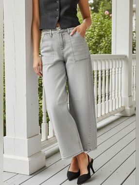 Risen Baggy High-Rise Barrel Leg Cropped Pants Patch Pocket Pants Denim Jeans